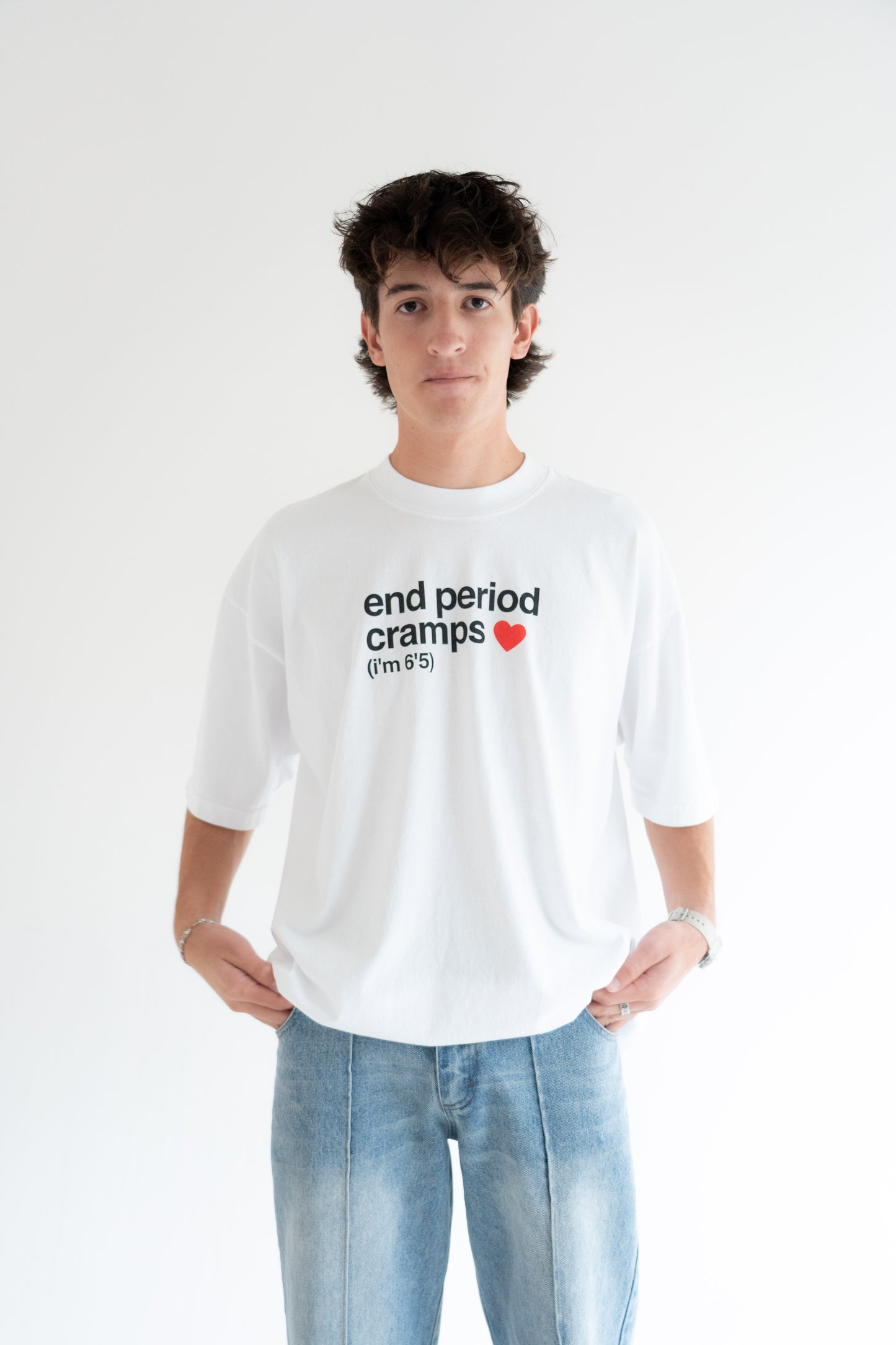 end period cramps white tee (red heart)