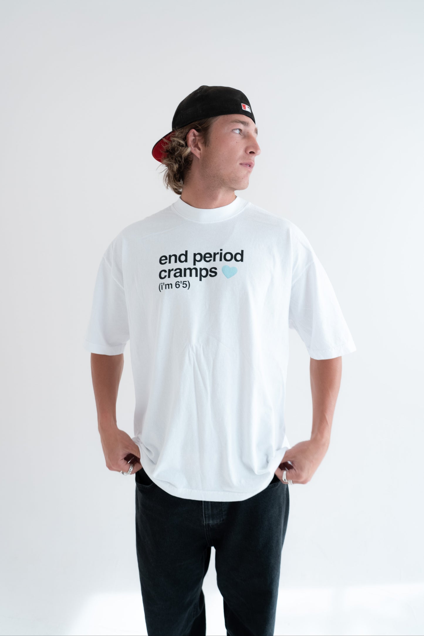 end period cramps white tee (blue heart)