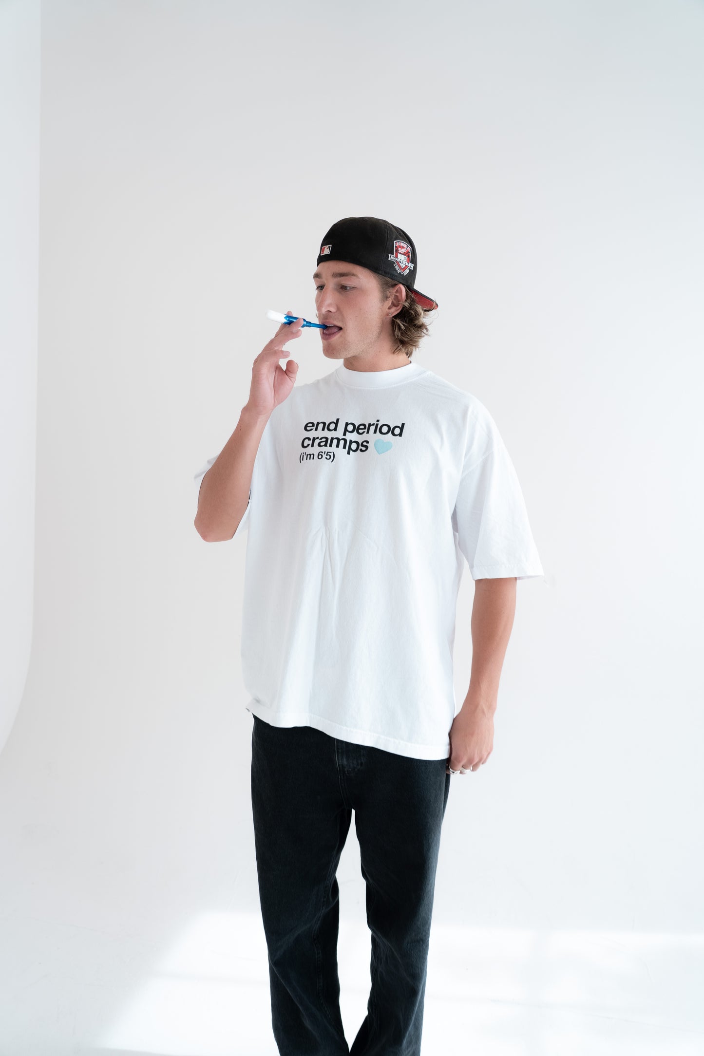 end period cramps white tee (blue heart)