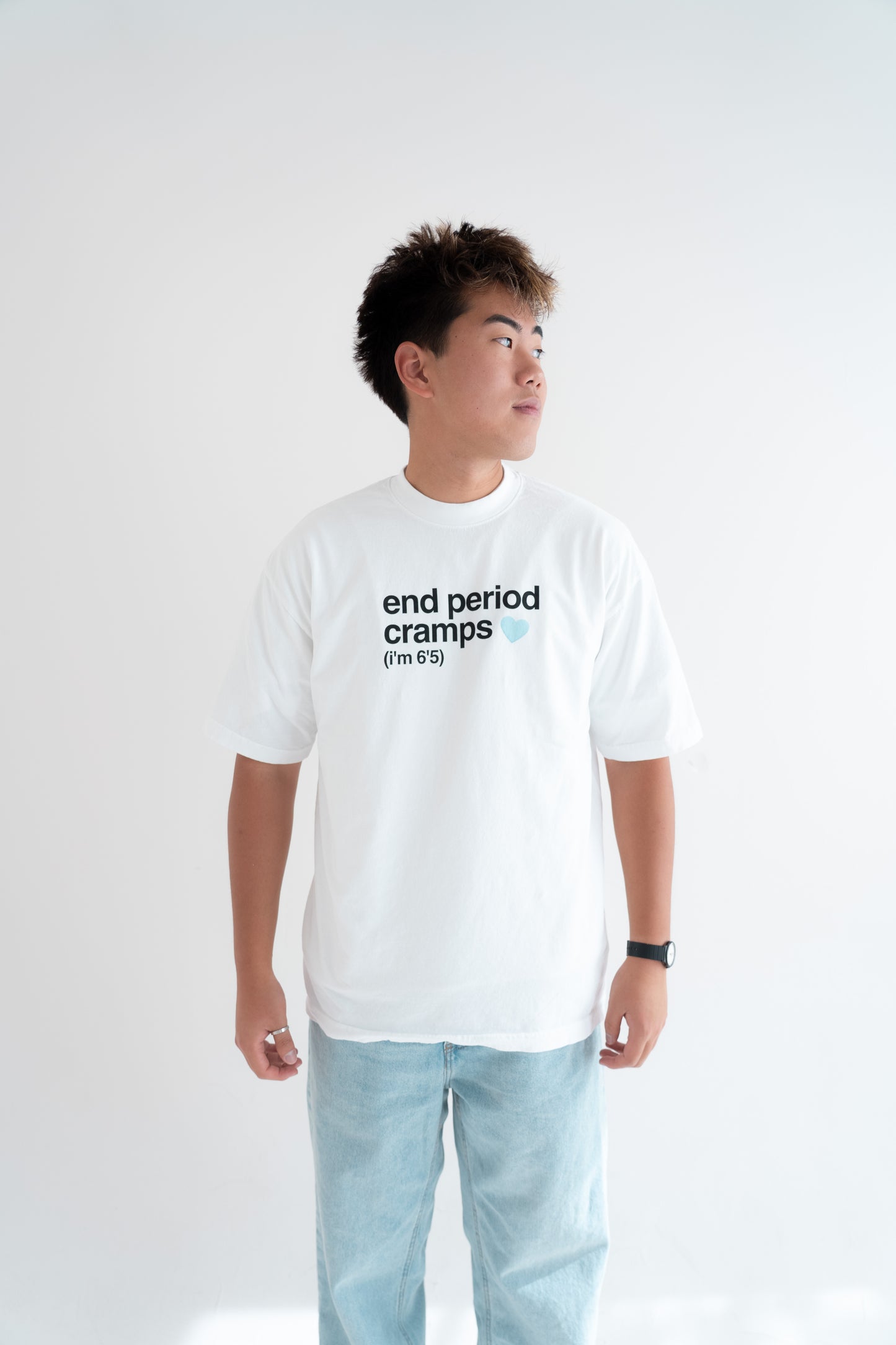 end period cramps white tee (blue heart)