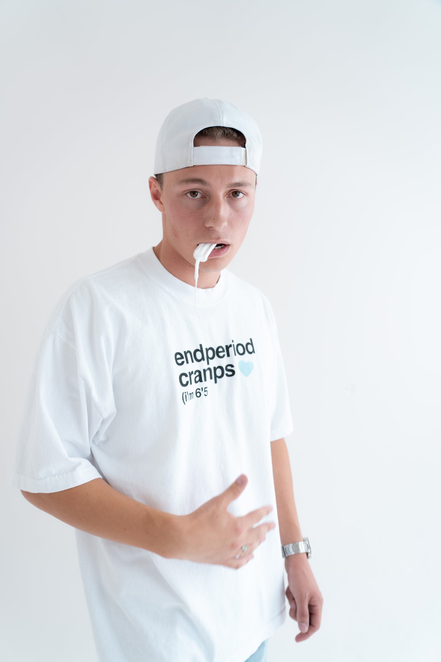 end period cramps white tee (blue heart)