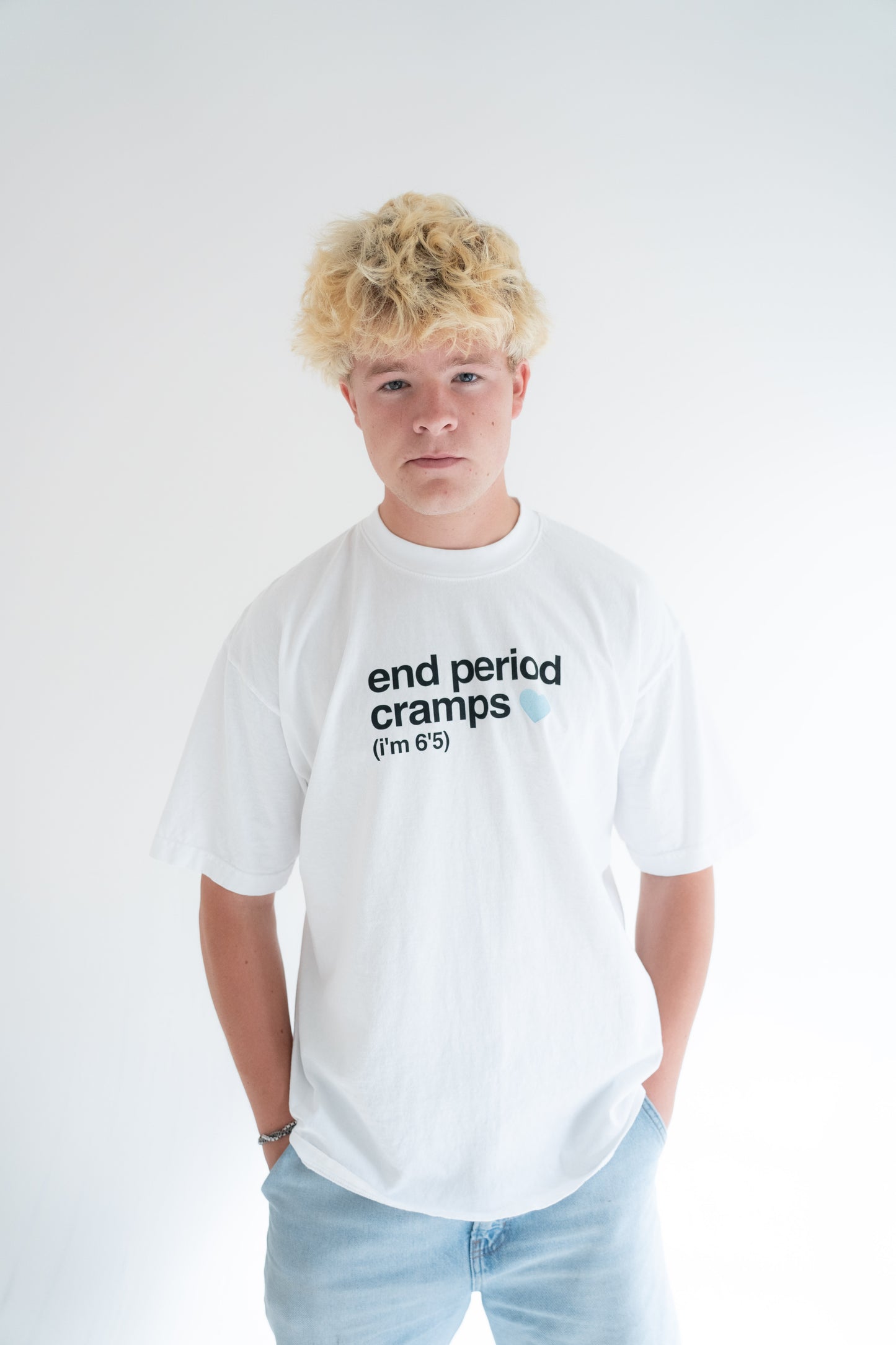 end period cramps white tee (blue heart)