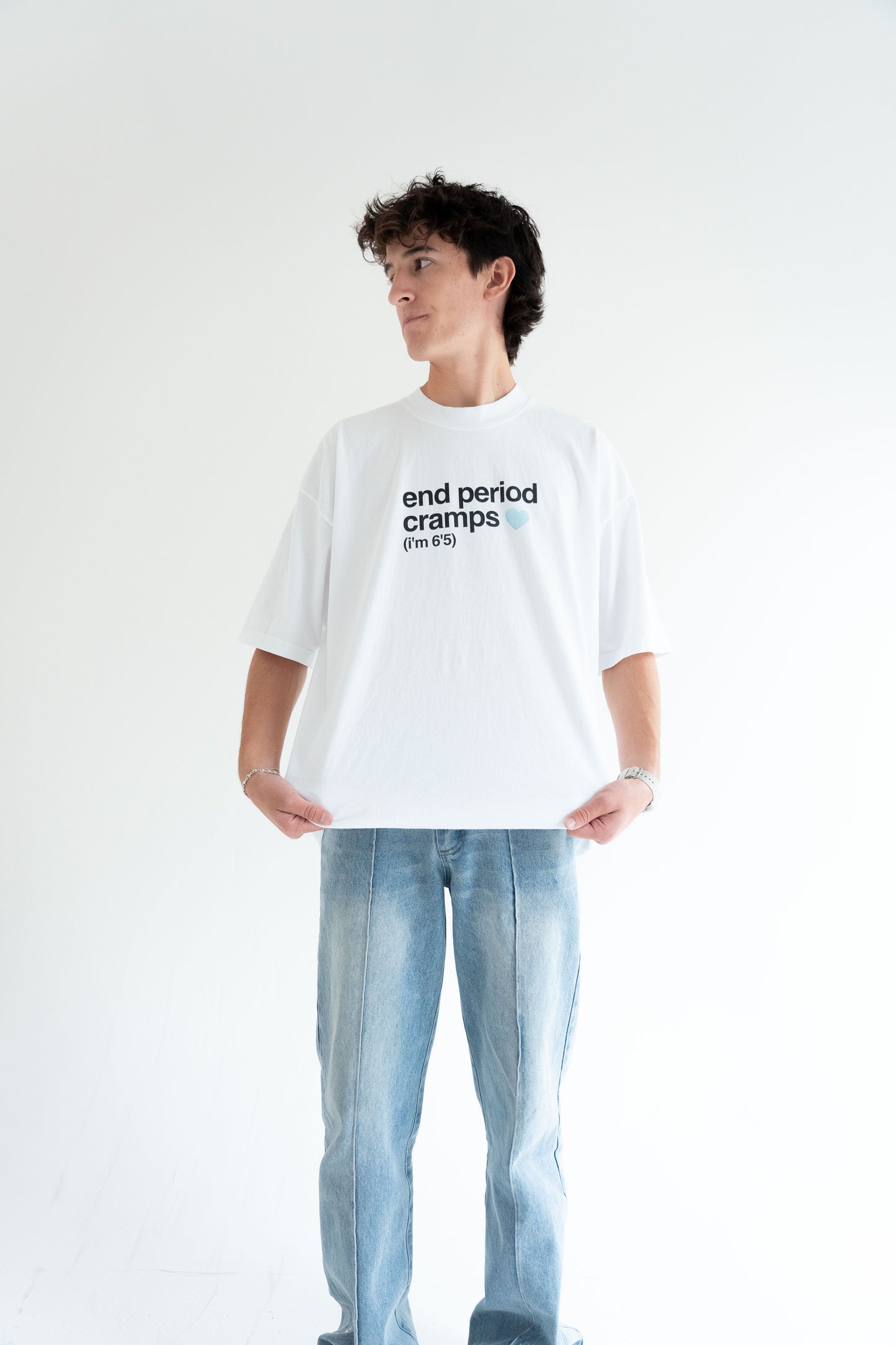 end period cramps white tee (blue heart)