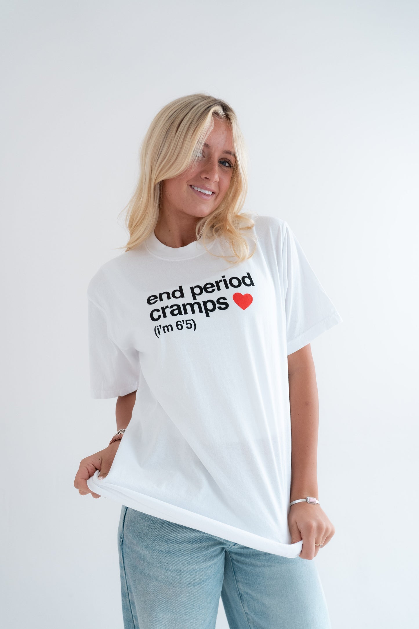 end period cramps white tee (red heart)