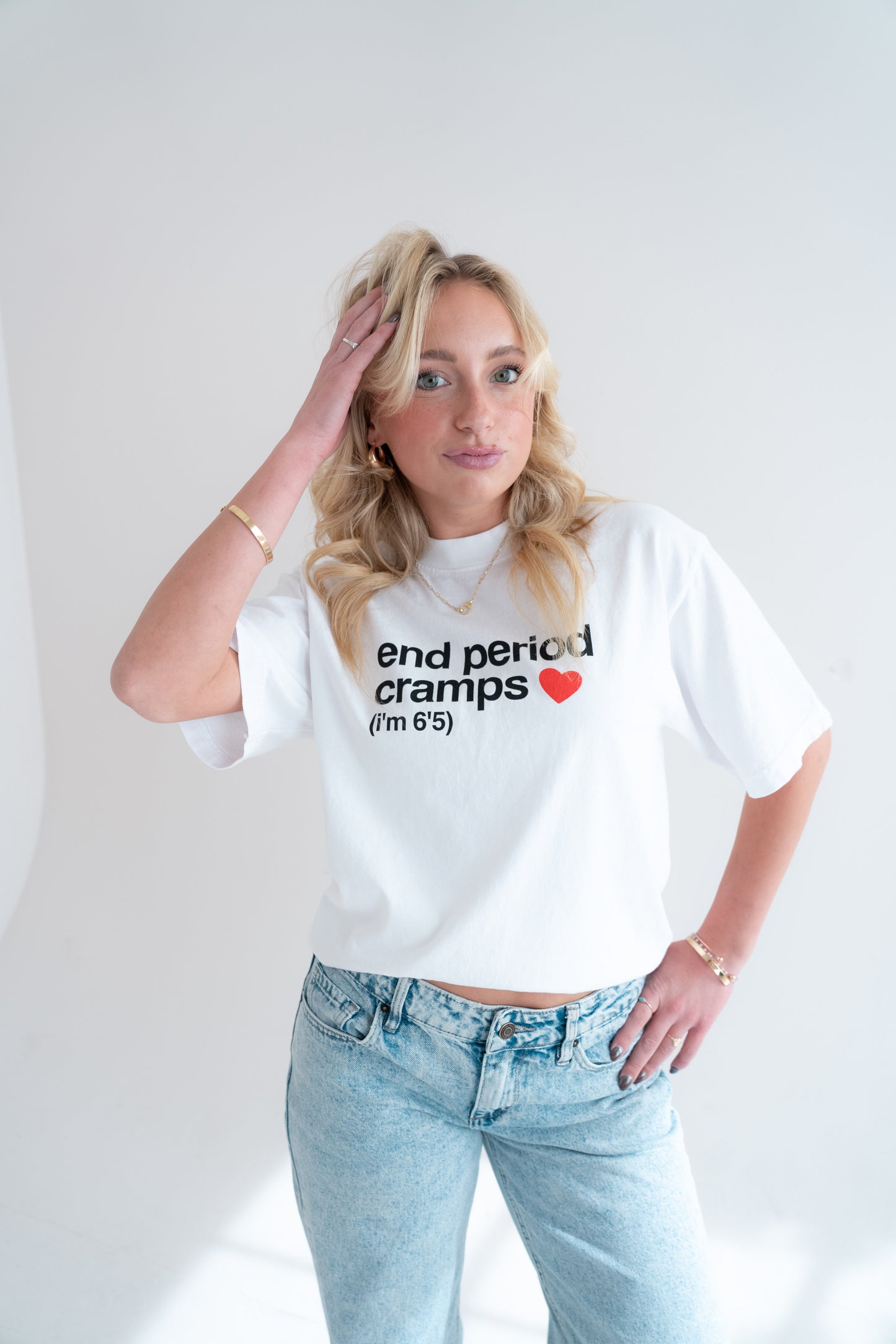 end period cramps white tee (red heart)