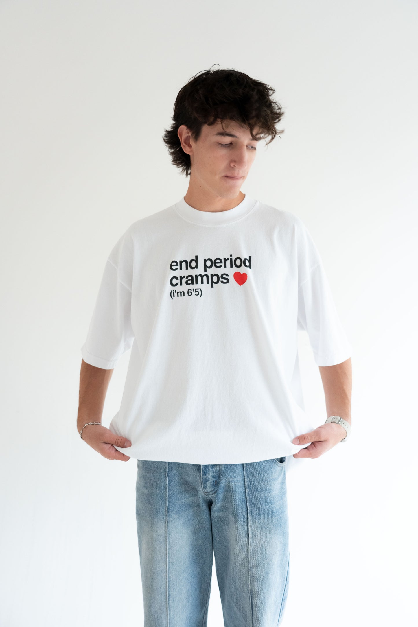end period cramps white tee (red heart)